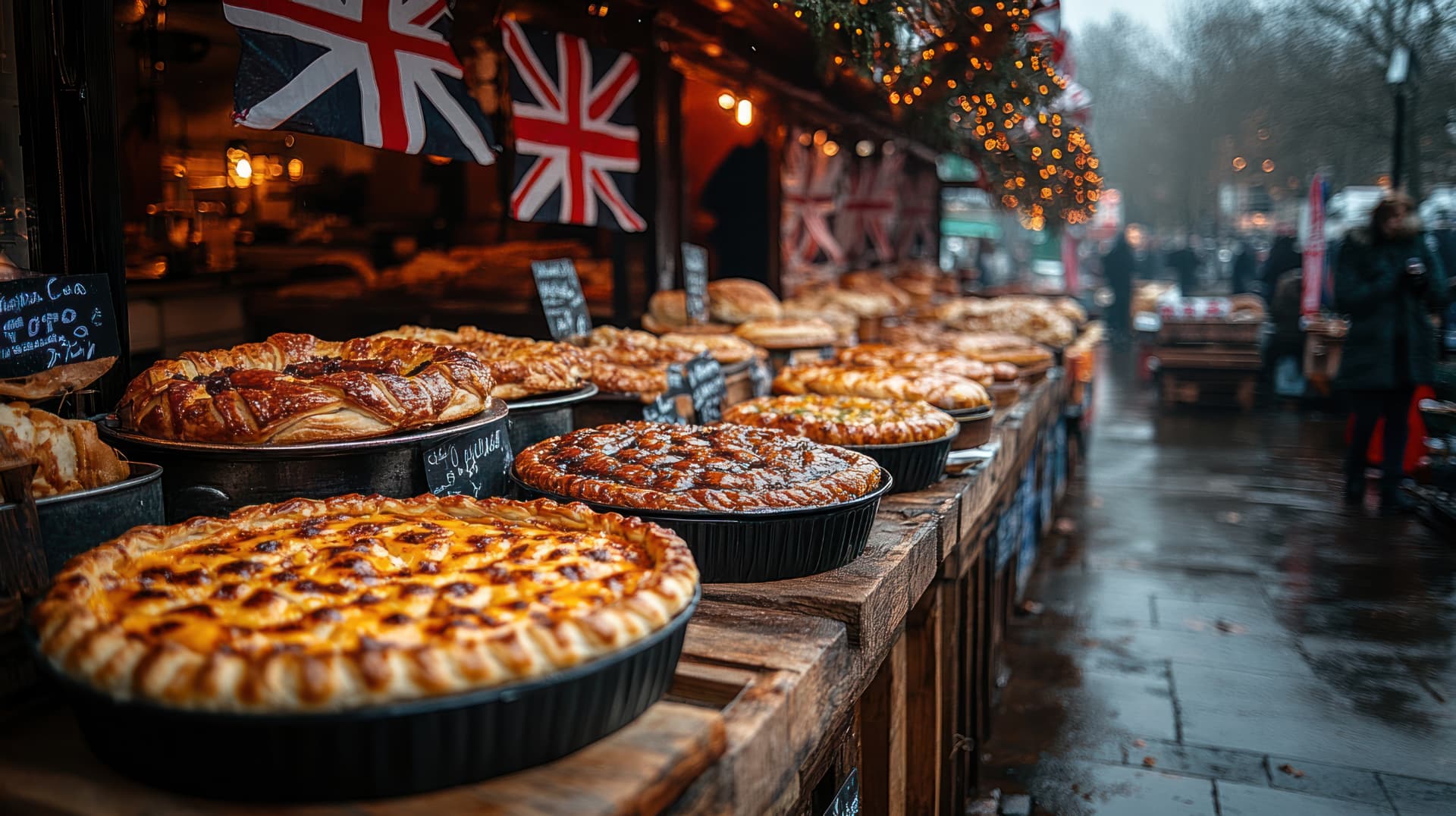 A British market street-food stall with a glass cabinet of pies and snacks, customers waiting at the counter